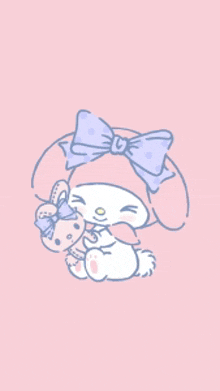 a bunny with a bow on its head is holding a stuffed animal on a pink background