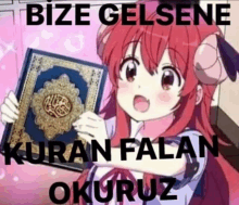 a girl with red hair is holding a book in her hands and says `` bize gelsene kuran falan okuyoruz '' .