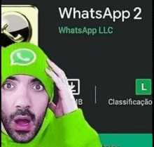 a man wearing a green hat with a whatsapp logo on it is looking at a phone screen .