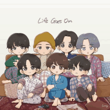 a cartoon drawing of a group of boys sitting on a couch with the words life goes on below them