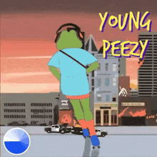 a cartoon of a frog wearing headphones and riding a skateboard in a city .