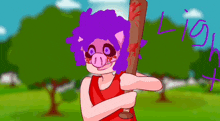 a pig with purple hair is holding a baseball bat