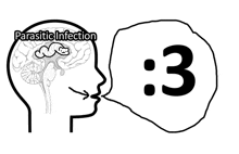 a black and white drawing of a person 's head with a speech bubble that says parasitic infection