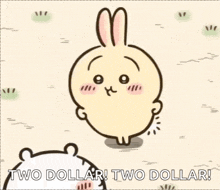 a cartoon rabbit is standing next to a bear with the words `` two dollar ! two dollar ! '' written on it .
