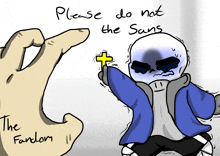 a drawing of a skeleton holding a cross with the words " please do not the sans " written on it