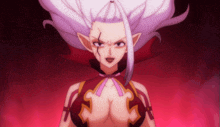 a female anime character with white hair and red breasts looks angry