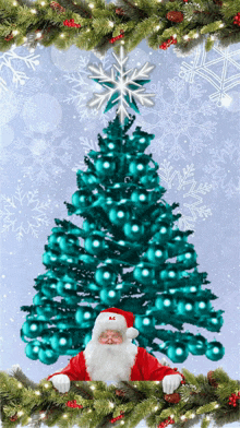 a christmas tree with a snowflake on top is surrounded by santa claus