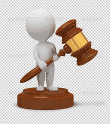 a 3d man holding a wooden judge 's gavel on a transparent background