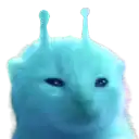 a blue cat with antennas on its head is looking at the camera on a white background .