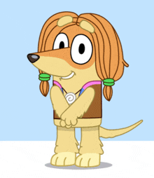 a cartoon drawing of a dog with long hair and a medal around its neck