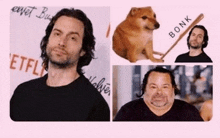 a collage of pictures of a man and a dog with the words bonk written on it