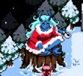 a pixel art illustration of a demon dressed as santa claus sitting on a tree stump