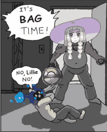 a cartoon of a woman standing next to a man with a speech bubble that says " it 's bag time "