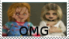 a picture of chucky and annabelle dolls with the word omg .