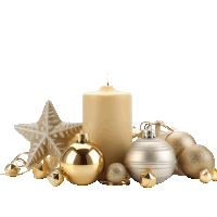 a candle is surrounded by gold and silver ornaments and a star