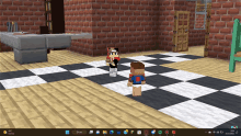 a screenshot of a minecraft game shows a checkered floor and a brick wall