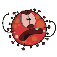 a cartoon drawing of a red virus with a very angry face