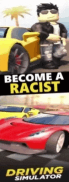 an advertisement for a driving simulator shows a man in a yellow car and a red car