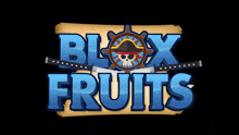 a logo for a game called blox fruits with a skull and swords on a black background .