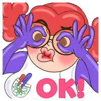 a cartoon girl with glasses and purple gloves is making an ok sign