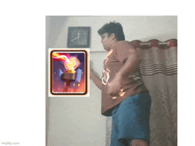 a man is dancing in front of a clock and a card from clash royale .