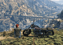 a person sits next to a harley davidson motorcycle in a video game