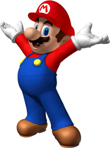 a mario cartoon character with his arms outstretched and a m on his hat