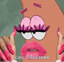 a picture of a cartoon character with pink lips and long pink nails