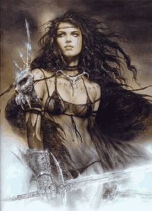 a painting of a woman with long hair holding a sword and a dragon .