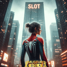 a woman in a spiderman costume is standing in front of a slot sign