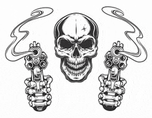 a black and white drawing of a skull holding two revolvers .