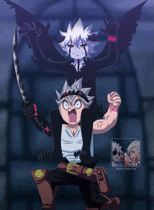 a cartoon of a man holding a sword with the words black clover fan on the bottom right