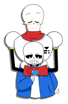 a drawing of two skeletons one of which is holding a blue heart