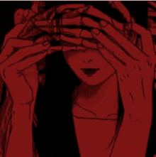 a woman is covering her eyes with skeleton hands in a red and black drawing .