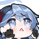 a cartoon girl with blue hair and black gloves is making a funny face .