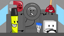 a group of cartoon characters including a magnifying glass and a lighter