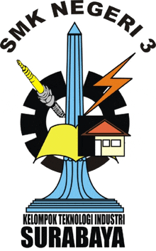 a logo for smk negeri 3 kelompok teknologi industri surabaya with a tower and a house