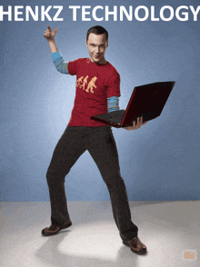 a man in a red shirt is holding a laptop with the words henkz technology behind him