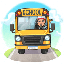 a cartoon illustration of a school bus with a woman in the driver 's seat