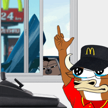 a cartoon of a bull wearing a mcdonald 's hat pointing up