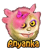 a furry monster with a pink butterfly on its head and the name anyanka