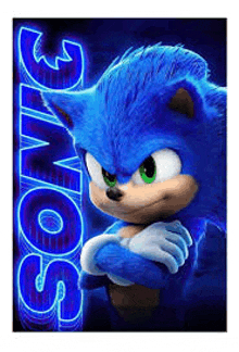 a poster of sonic the hedgehog from the movie sonic the hedgehog standing with his arms crossed .