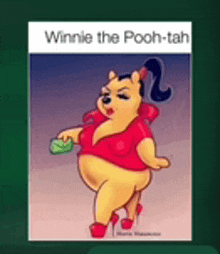 a cartoon of winnie the pooh wearing high heels and a red shirt