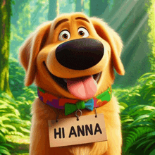 a cartoon dog with a sign that says hi anna on it