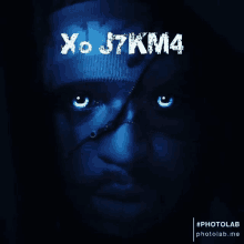 a picture of a man with blue eyes and the words xo j7km4 on it