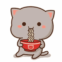 a cute cartoon cat is eating noodles from a bowl .