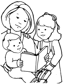 a black and white drawing of a woman reading to two children