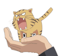 a hand holding a cartoon cat with its mouth wide open