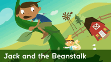 a poster for jack and the beanstalk with a boy sitting on a giant bean