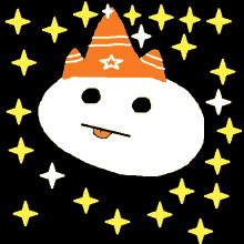 a cartoon drawing of a white face wearing an orange wizard hat with a star on it